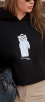 Kadın Oversize Sweatshirt Hoodie Qatari Bear White Siyah – Kapüşonlu, 3 İplik Polar, Kanguru Cepli
