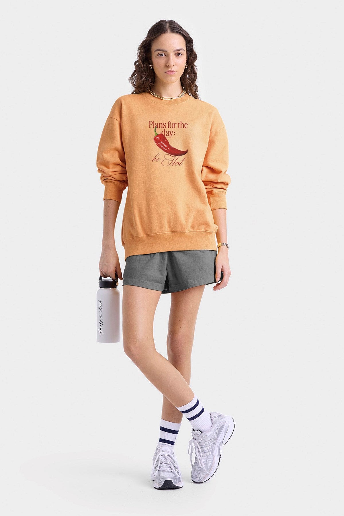 Kadın Oversize Sweatshirt Be Hot Baskılı Turuncu – Bisiklet Yaka, 3 İplik Şardonlu Polar