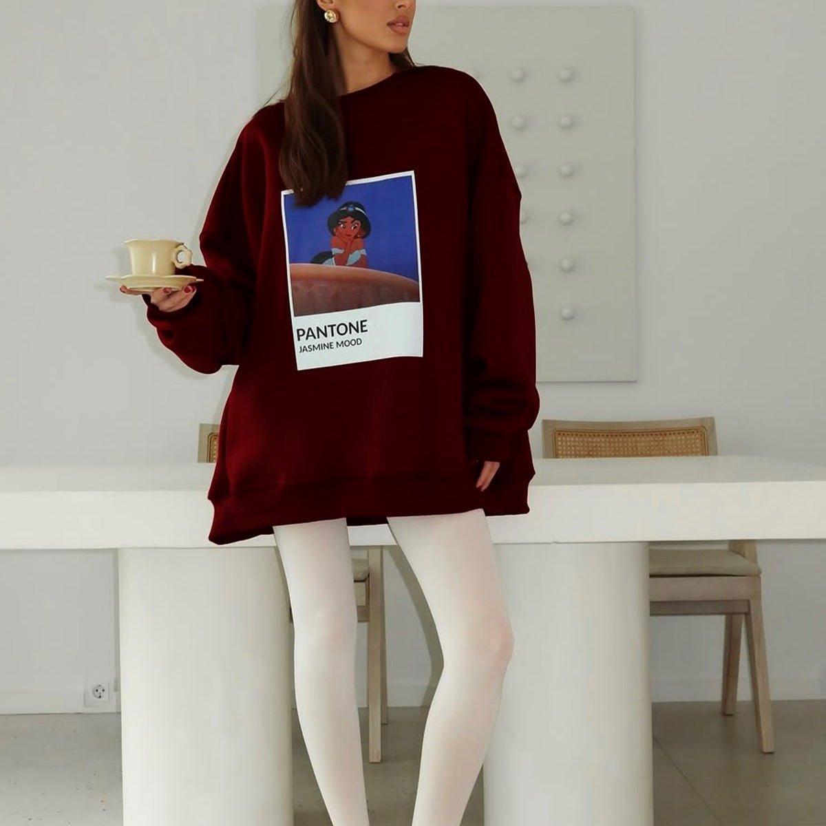 Kadın Oversize Sweat Elbise Bordo – 3 İplik Şardonlu , Bisiklet Yaka, Pantone - prenses baskılı
