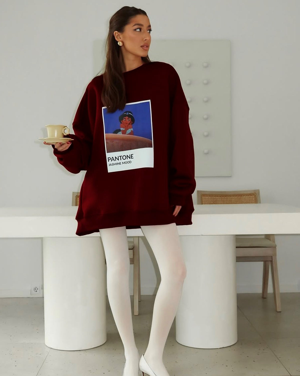 Kadın Oversize Sweat Elbise Bordo – 3 İplik Şardonlu , Bisiklet Yaka, Pantone - prenses baskılı