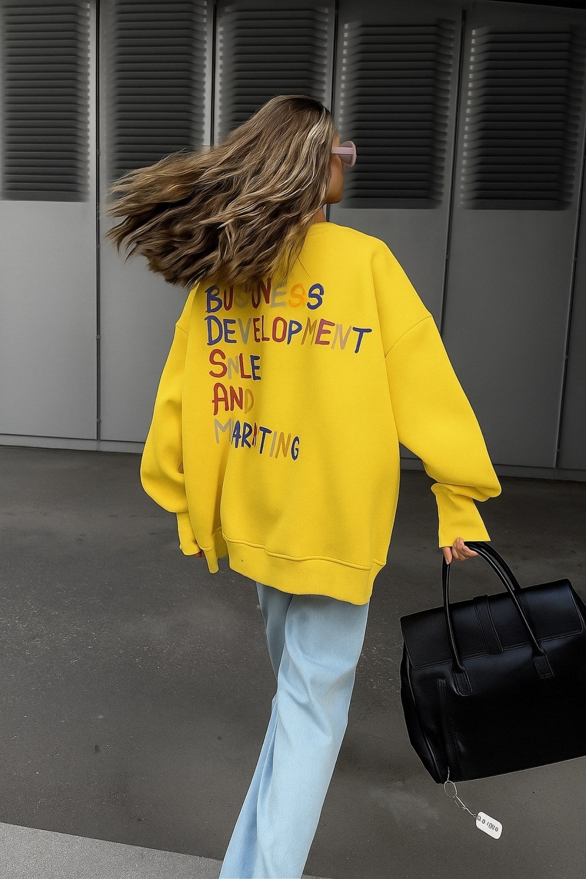 Kadın Oversize Sweatshirt Elbise Color Pop Baskılı Sarı – Bisiklet Yaka, 3 İplik Şardonlu Polar