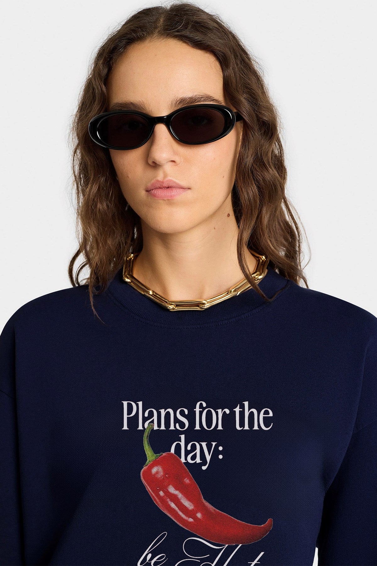 Kadın Oversize Sweatshirt Be Hot Baskılı Lacivert – Bisiklet Yaka, 3 İplik Şardonlu Polar