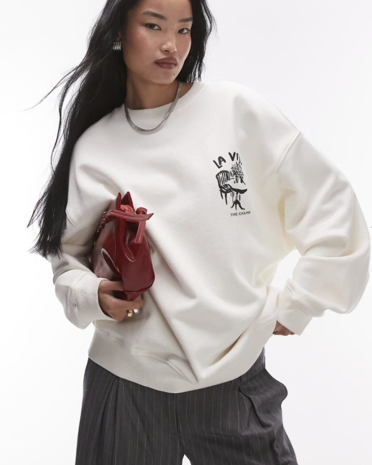 Unisex Beyaz Bisiklet Yaka Sweatshirt  Dolce Casa Baskılı 3 İplik Şardonlu Oversize