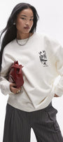 Unisex Beyaz Bisiklet Yaka Sweatshirt  Dolce Casa Baskılı 3 İplik Şardonlu Oversize