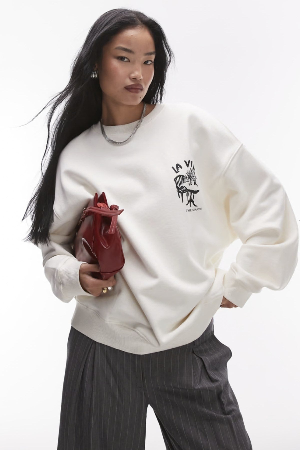 Unisex Beyaz Bisiklet Yaka Sweatshirt  Dolce Casa Baskılı 3 İplik Şardonlu Oversize