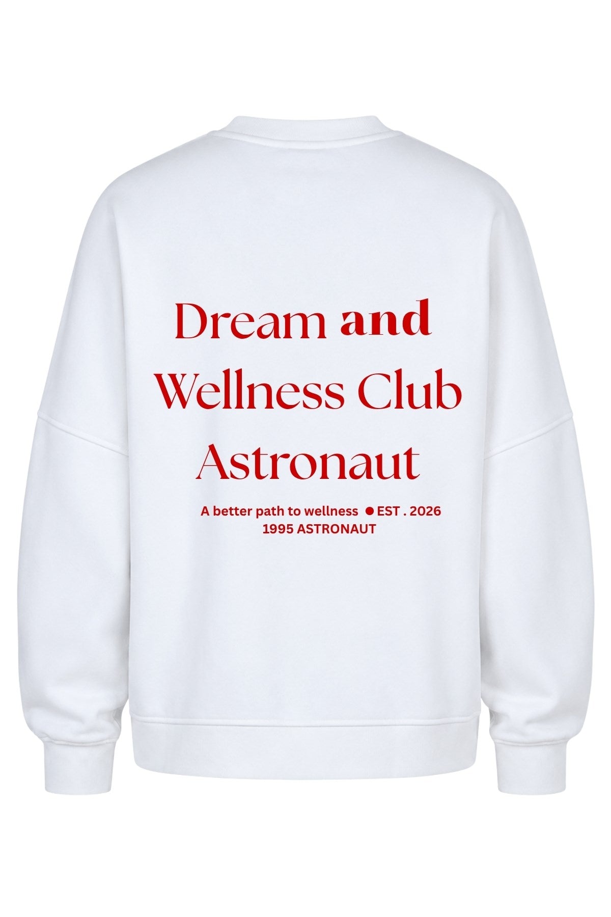 Kadın Oversize Sweatshirt Wellness Baskılı Beyaz – Bisiklet Yaka, 3 İplik Şardonlu Polar, Düşük Omuz