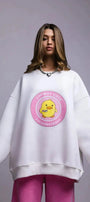 Kadın Oversize Sweatshirt Elbise Cute Ördek Baskılı Beyaz – Bisiklet Yaka, 3 İplik Şardonlu Polar