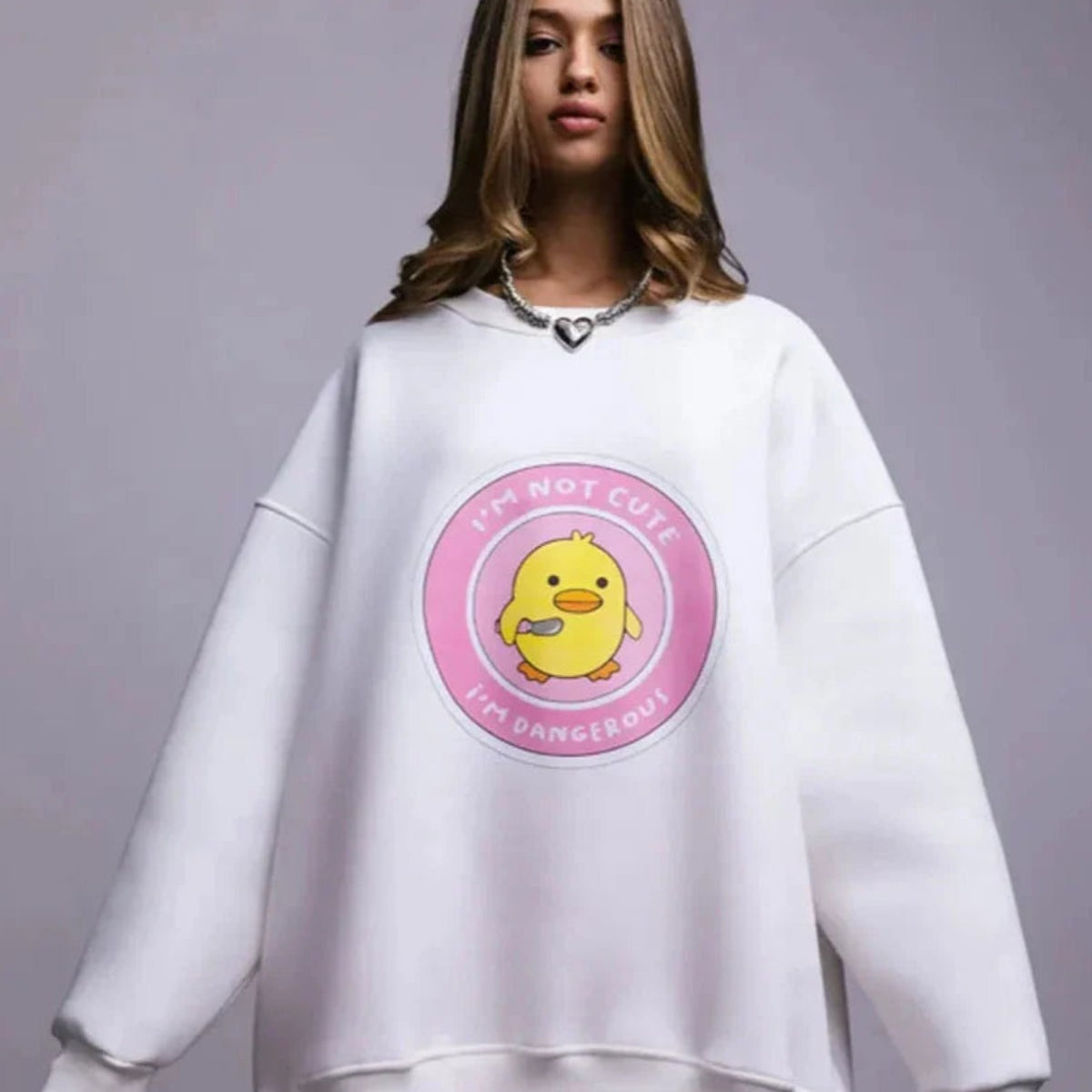 Kadın Oversize Sweatshirt Elbise Cute Ördek Baskılı Beyaz – Bisiklet Yaka, 3 İplik Şardonlu Polar