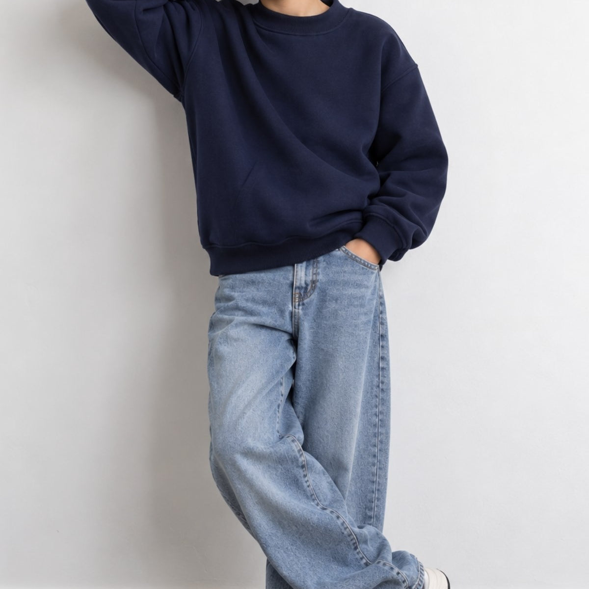 Erkek Çocuk Oversize Sweatshirt Basic Lacivert – Bisiklet yaka, 3 iplik şardonlu polar
