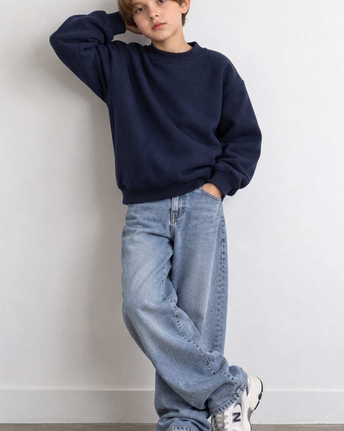 Erkek Çocuk Oversize Sweatshirt Basic Lacivert – Bisiklet yaka, 3 iplik şardonlu polar