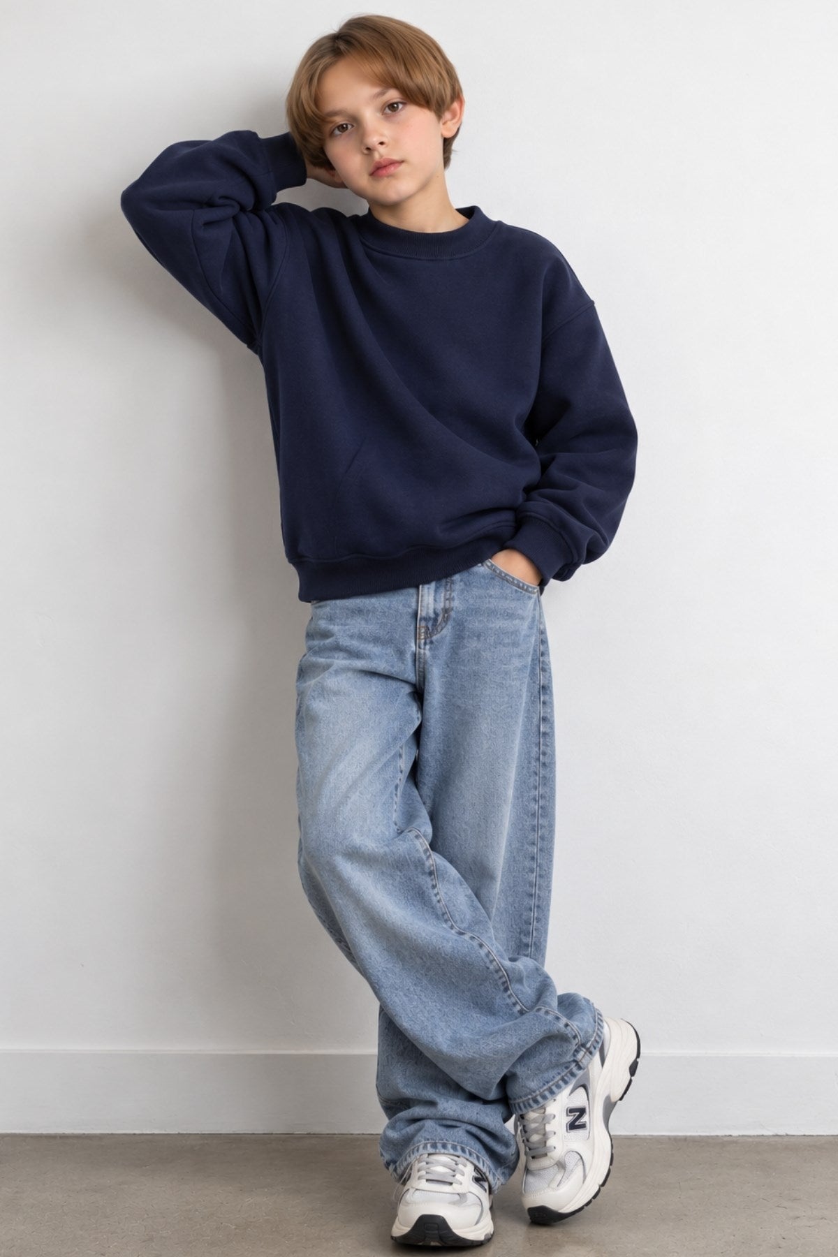 Erkek Çocuk Oversize Sweatshirt Basic Lacivert – Bisiklet yaka, 3 iplik şardonlu polar