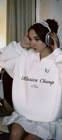 Kadın Oversize Sweatshirt Illusion Champ Baskılı Beyaz – Yarım Fermuarlı, 3 İplik Şardonlu Polar