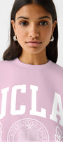 Ucla Yazı Baskılı Bisiklet Yaka İçi Polar Oversize Kesim Unisex Pembe Sweatshirt