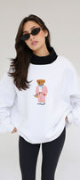 Kadın Oversize Sweatshirt Pink Suit Bear 3D Baskılı Beyaz – Bisiklet Yaka, 3 İplik Şardonlu Polar