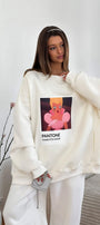 Kadın Oversize Sweat Elbise Beyaz - 3 İplik Şardonlu , Bisiklet Yaka, Pantone - prenses baskılı