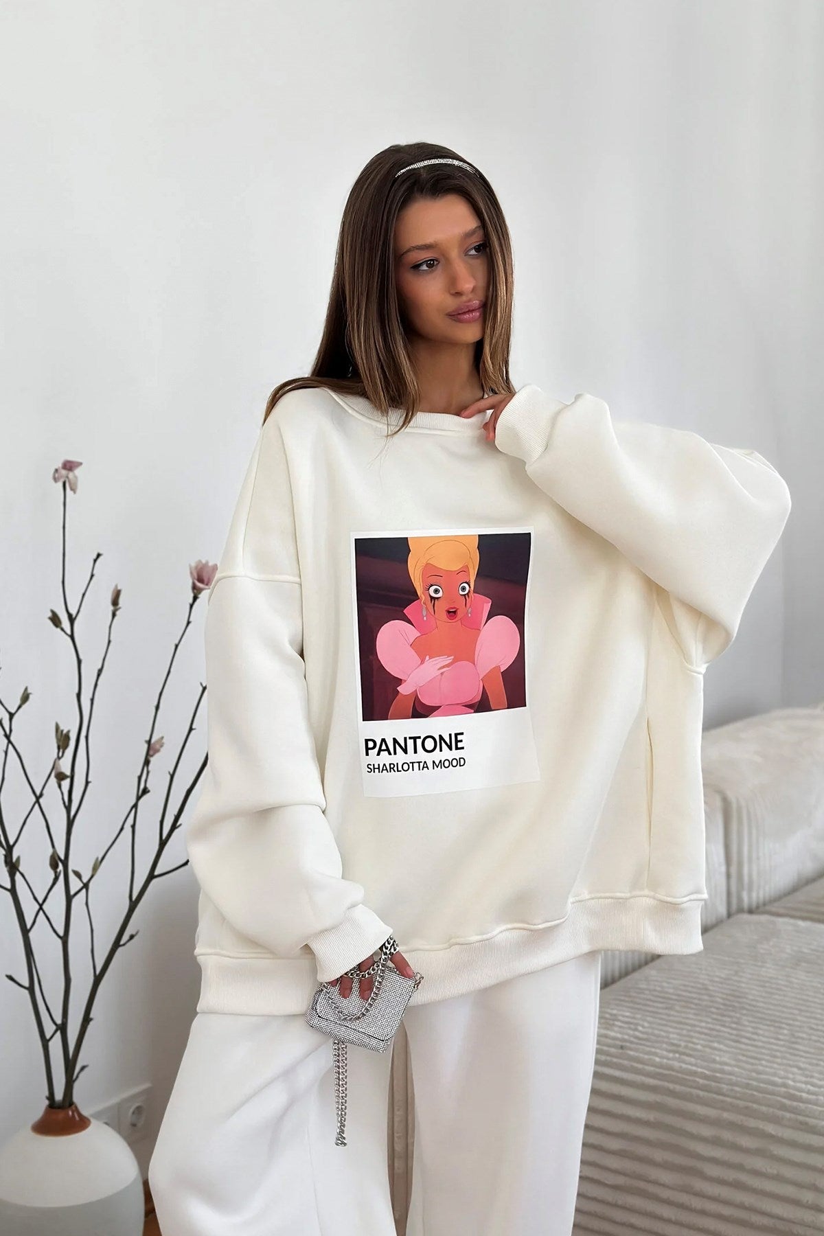 Kadın Oversize Sweat Elbise Beyaz - 3 İplik Şardonlu , Bisiklet Yaka, Pantone - prenses baskılı