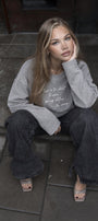 Kadın Relaxed Fit Sweatshirt Life Is Too Short Baskılı Gri Melanj – Bisiklet Yaka, 3 İplik Şardonsuz