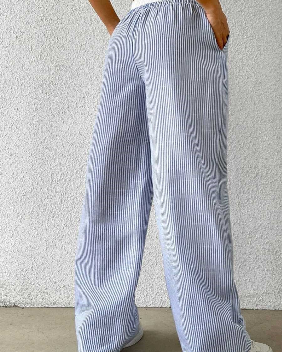Kadın Mavi Çizgili Poplin Dokuma Pantolon – Yüksek Bel Lastikli Bol Paça Rahat Model