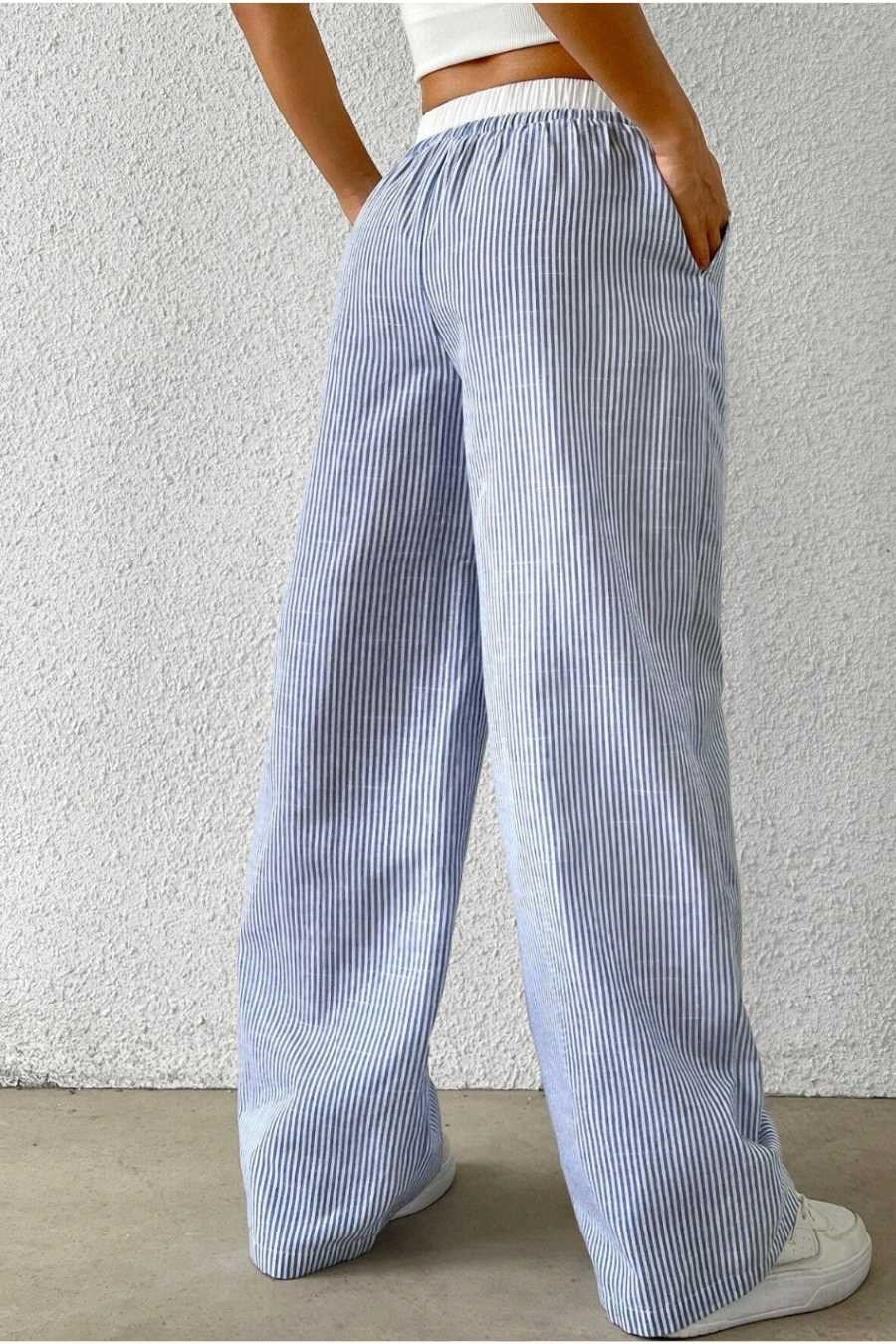 Kadın Mavi Çizgili Poplin Dokuma Pantolon – Yüksek Bel Lastikli Bol Paça Rahat Model