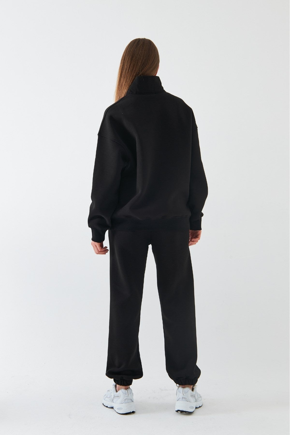 Unisex Oversize Sweatshirt Basic Siyah – Yarım Fermuar Dik Yaka, 3 İplik Şardonlu Polar