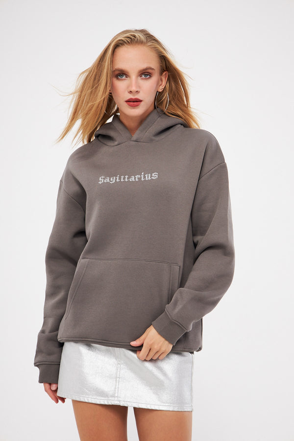 Kapüşonlu İçi Polar Sagittarius Yazılı Taş Baskılı Füme Oversize Hoodie Sweatshirt