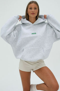 Kadın Oversize Sweatshirt Hoodie AMORE Gri Melanj – Kapüşonlu, 3 İplik Polar, Kanguru Cepli