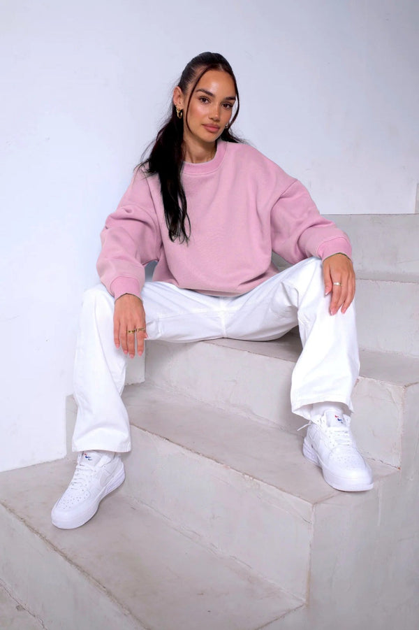 Bisiklet Yaka İçi Polar Pembe Unisex Oversize Sweatshirt