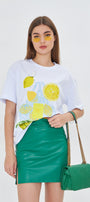 Kadın Limon Baskılı Lila Oversize Yazlık Tişört Squeeze The Day Beyaz