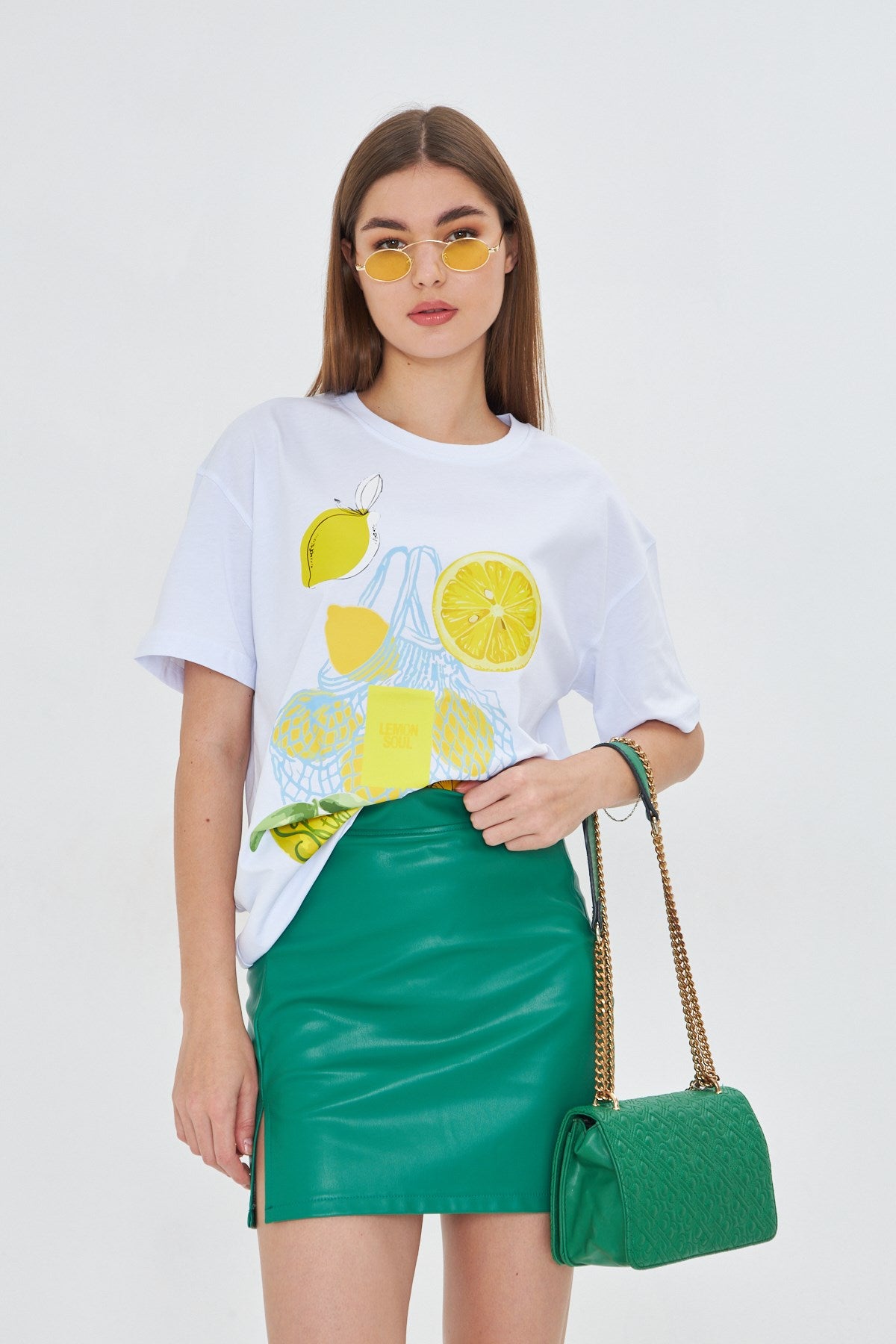 Kadın Limon Baskılı Lila Oversize Yazlık Tişört Squeeze The Day Beyaz