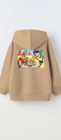 Kapüşonlu İçi Polar Satranç Cartoon Baskılı Bej Unisex Çocuk Hoodie Sweatshirt