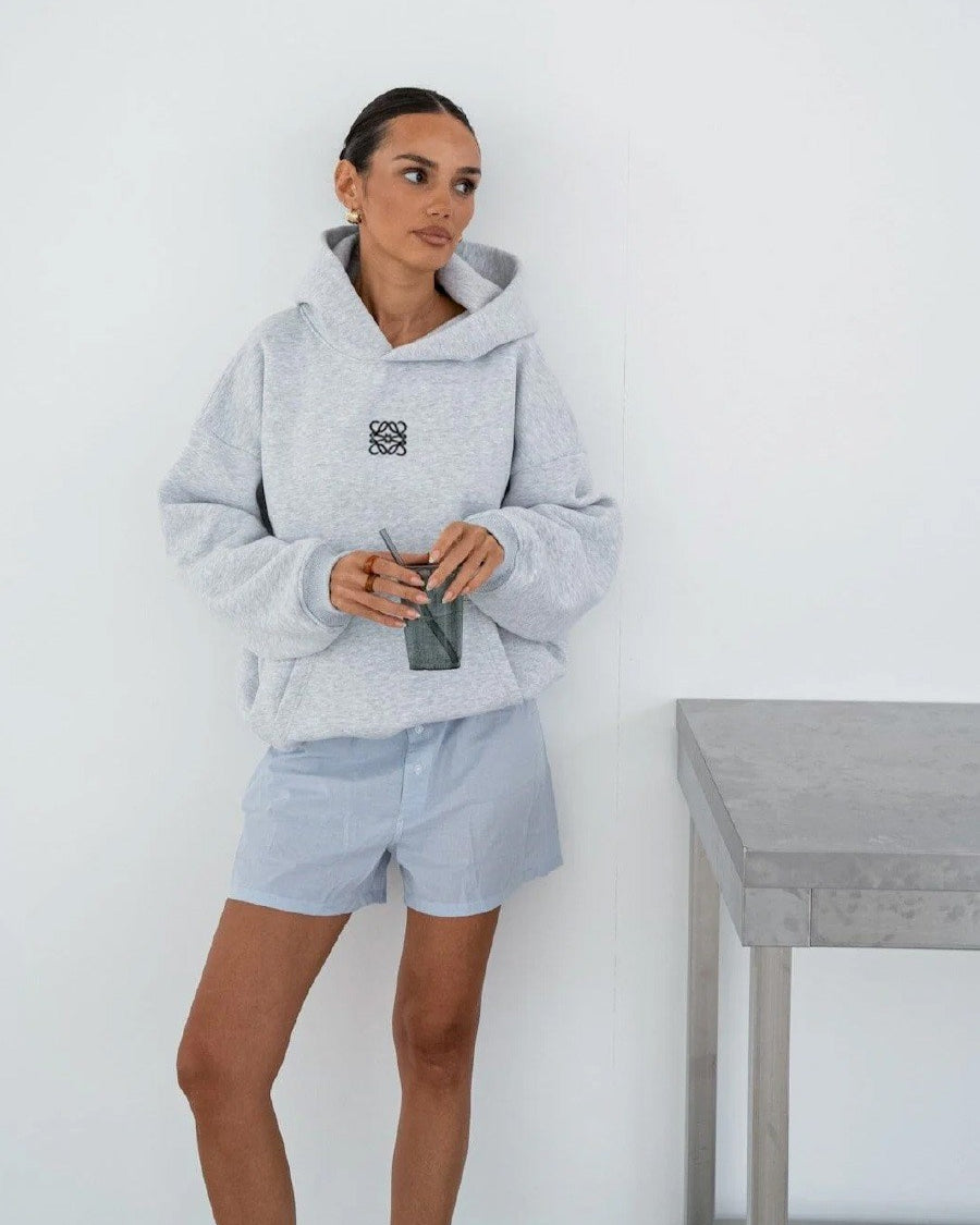 Gri Melanj Unisex Yüksek Baskılı Kapüşonlu Kanguru Cepli Oversize Hoodie