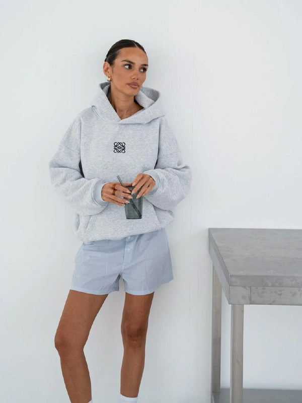 Gri Melanj Unisex Yüksek Baskılı Kapüşonlu Kanguru Cepli Oversize Hoodie