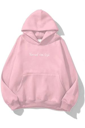 Kapüşonlu İçi Polar Vincent Van Gogh Baskılı Pembe Unisex Hoodie Sweatshirt