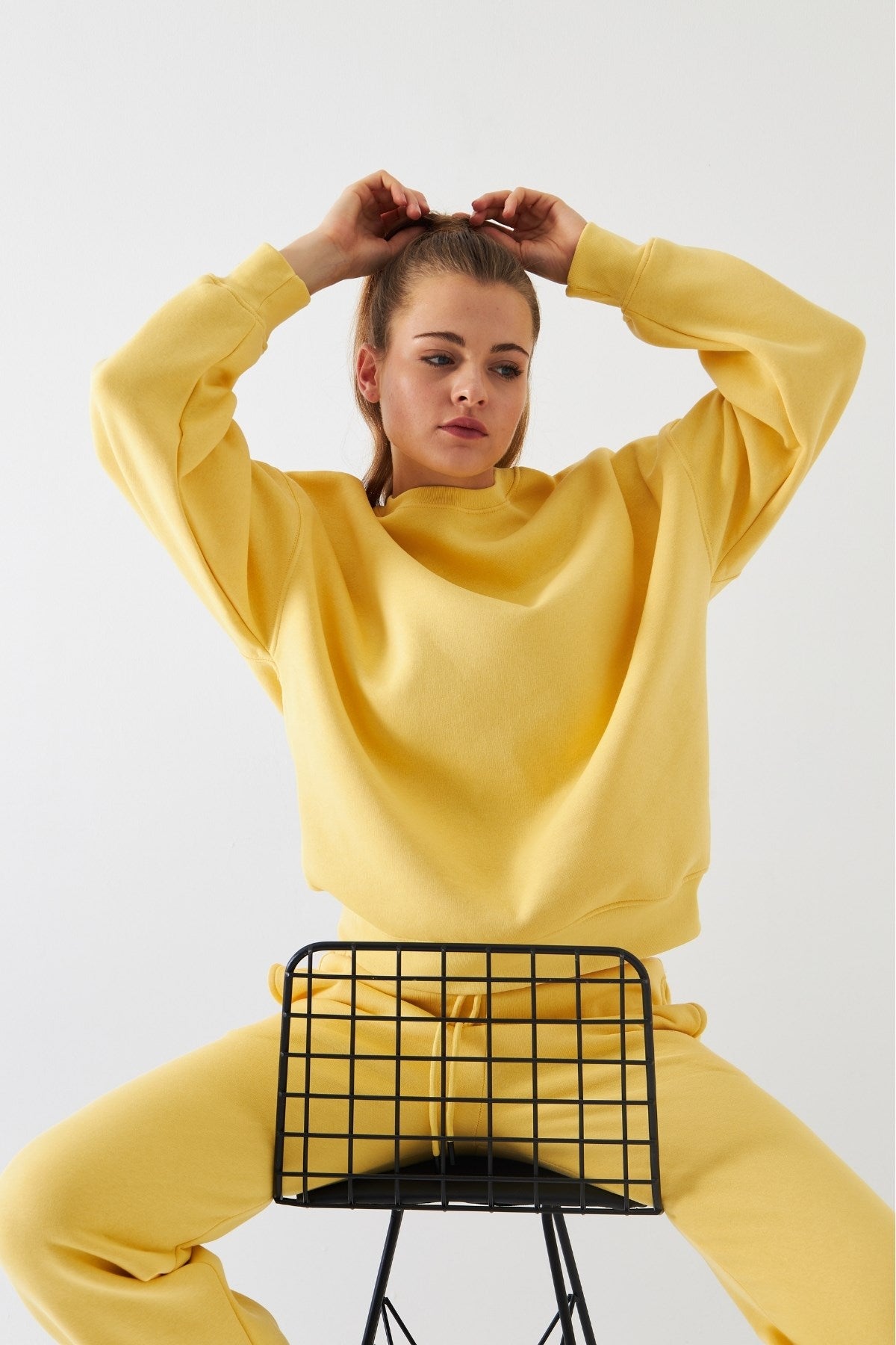 Unisex Oversize Sweatshirt Basic Sarı – Bisiklet Yaka, 3 İplik Şardonlu Polar
