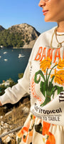 Kadın Oversize Sweatshirt Banana Tropical Baskılı Beyaz – Bisiklet Yaka, 3 İplik Şardonlu Polar