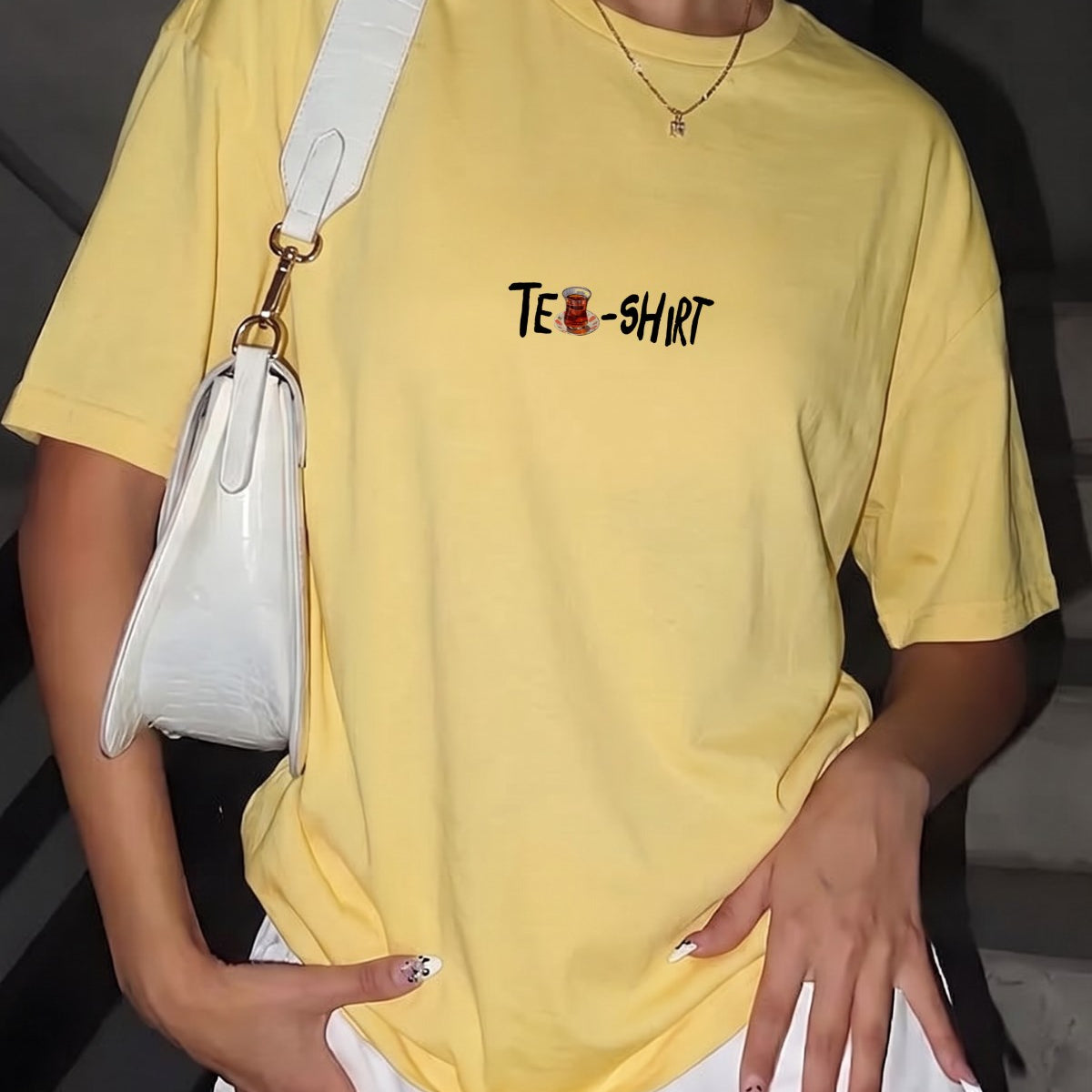 Kadın Oversize Tişört Tea-Shirt Baskılı Sarı – Bisiklet Yaka, Rahat Kalıp, %100 Pamuk