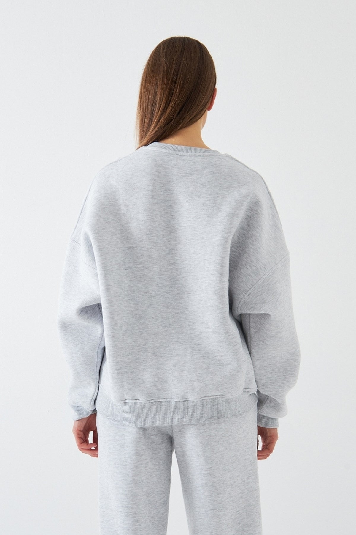 Kadın Oversize Sweatshirt Sun & Moon Baskılı Gri Melanj – Bisiklet Yaka, 3 İplik Şardonlu Polar