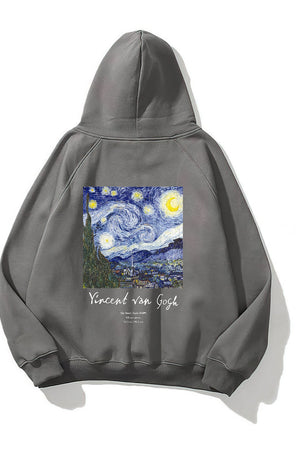 Kapüşonlu İçi Polar Vincent Van Gogh Baskılı Füme Unisex Hoodie Sweatshirt