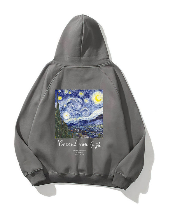 Kapüşonlu İçi Polar Vincent Van Gogh Baskılı Füme Unisex Hoodie Sweatshirt