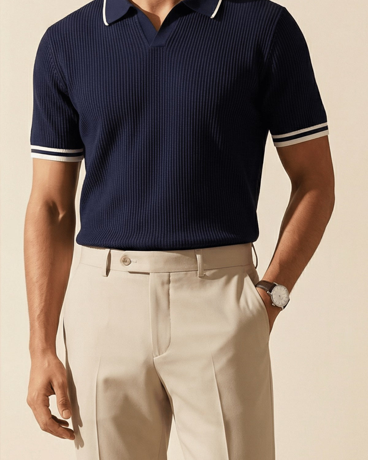 Erkek Fitilli Triko Polo Yaka Tişört Lacivert - Polo Çizgili Yaka, Fit, Yazlık, Örme