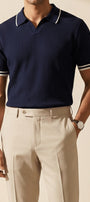 Erkek Fitilli Triko Polo Yaka Tişört Lacivert - Polo Çizgili Yaka, Fit, Yazlık, Örme