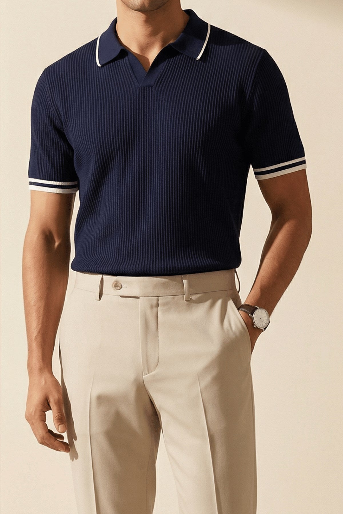Erkek Fitilli Triko Polo Yaka Tişört Lacivert - Polo Çizgili Yaka, Fit, Yazlık, Örme