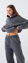 Oversize Unisex Sweatshirt Hoodie Füme Melanj – Kapüşonlu, 3 İplik Şardonlu Polar, Kanguru Cepli, Basic