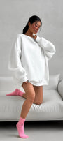 Kadın Oversize Sweatshirt Elbise Basic Beyaz – Bisiklet Yaka, 3 İplik Şardonlu Polar