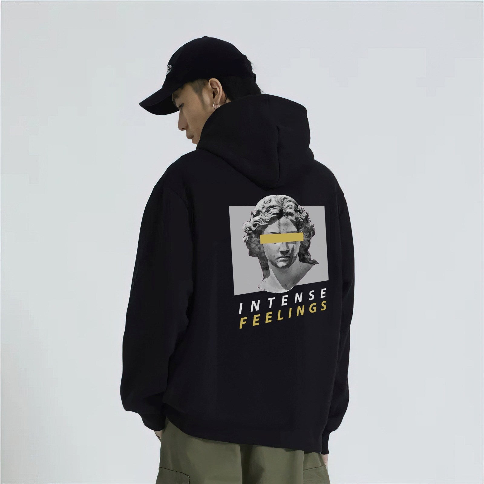 Kapüşonlu İçi Polar Intense Feelings Yazılı Heykel Baskılı Siyah Unisex Hoodie Sweatshirt