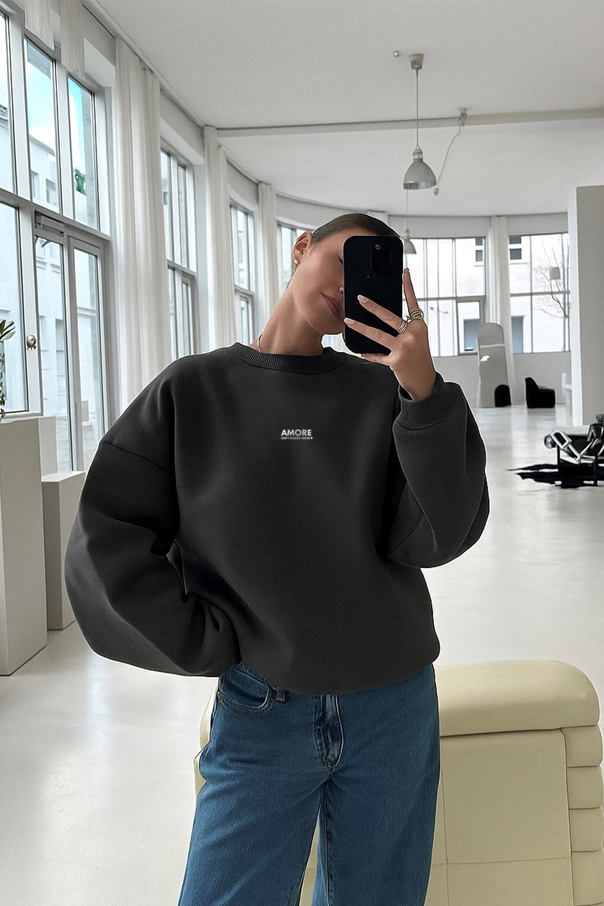 Kadın Oversize Sweatshirt AMORE Füme – Bisiklet Yaka, 3 İplik Şardounlu Polar