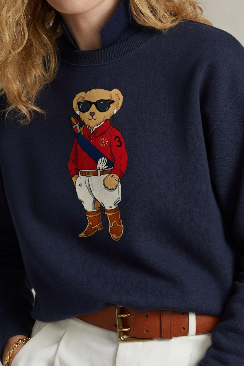 Kadın Oversize Sweatshirt Regatta Bear Baskılı Lacivert – Bisiklet Yaka, 3 İplik Şardonlu