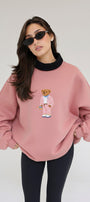 Kadın Oversize Sweatshirt Pink Suit Bear 3D Baskılı Pembe – Bisiklet Yaka, 3 İplik Şardonlu Polar