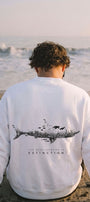 Erkek Oversize Sweatshirt Extinction Baskılı Beyaz – Bisiklet Yaka, 3 İplik Şardonlu Polar