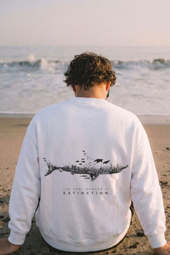 Erkek Oversize Sweatshirt Extinction Baskılı Beyaz – Bisiklet Yaka, 3 İplik Şardonlu Polar